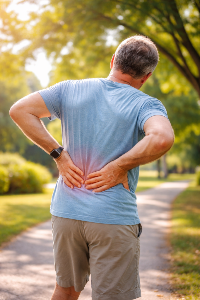 person holding lower back after walking outdoors