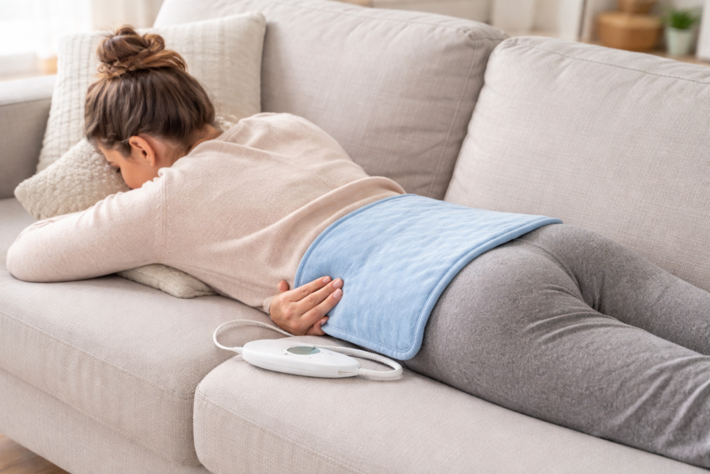 person using a heating pad on lower back while lying on a couch at home