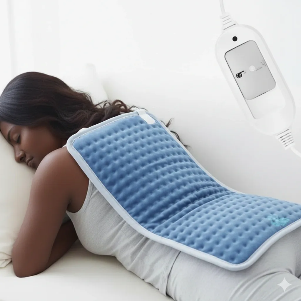 person using a heating pad on lower back while resting in bed