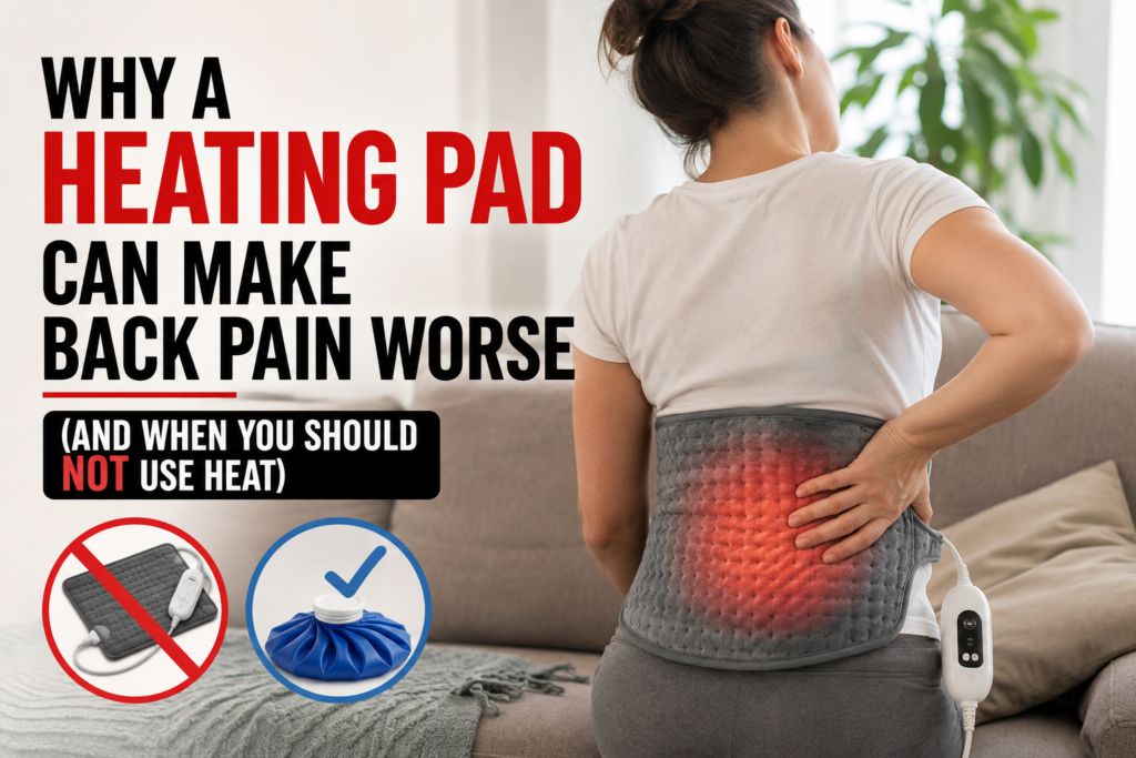 Woman using a heating pad on her lower back, illustrating when heat may make back pain worse.