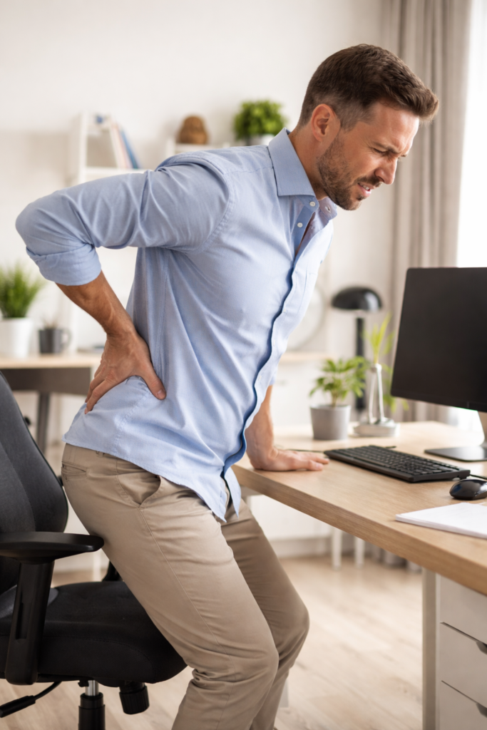 Person holding lower back while standing up from a computer desk chai