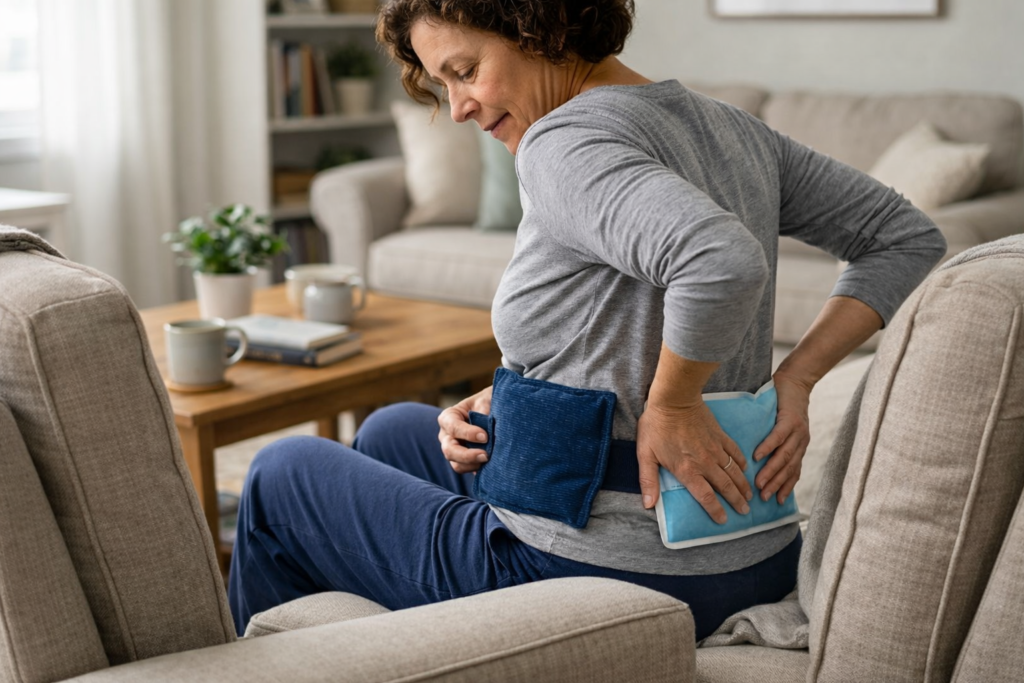 person applying heat pack and ice pack to lower back for pain relief