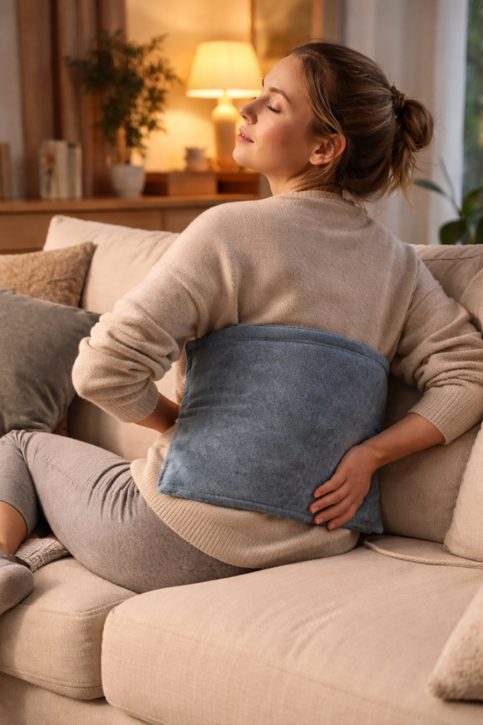 person using a heating pad on the lower back while relaxing on a sofa