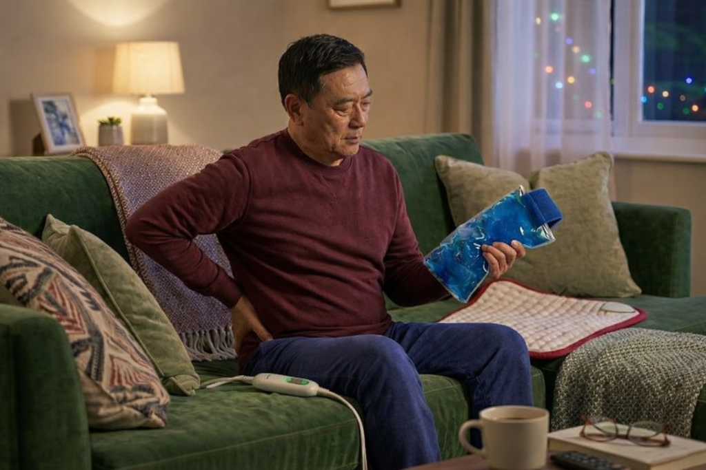 person deciding between heating pad and ice pack for lower back pain relief at home