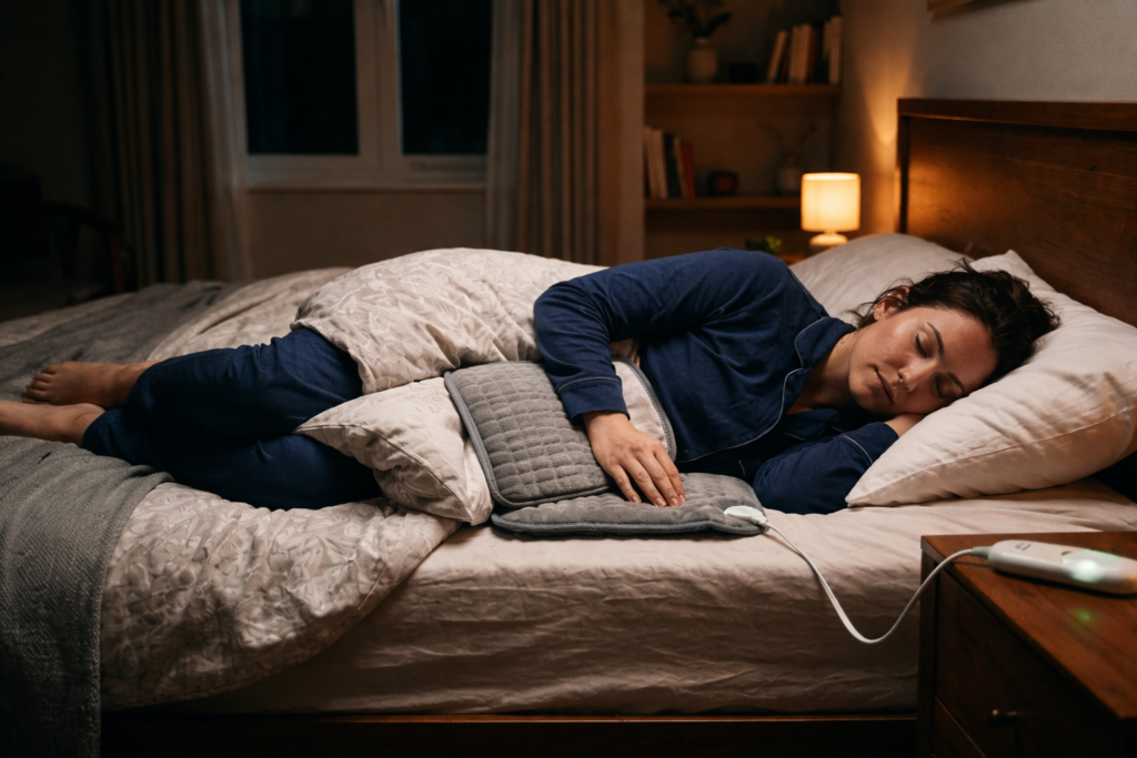 person lying in bed using a heating pad on lower back for pain relief at night in a calm bedroom setting