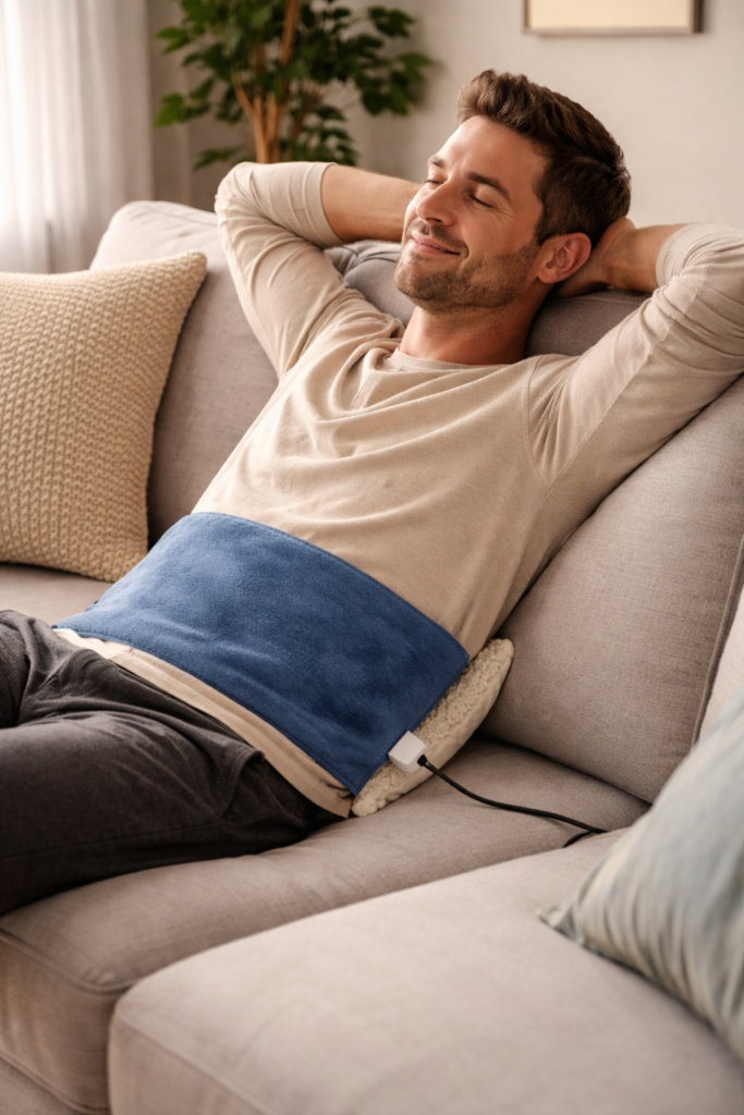 person relaxing with a heating pad on lower back while sitting comfortably on a couch