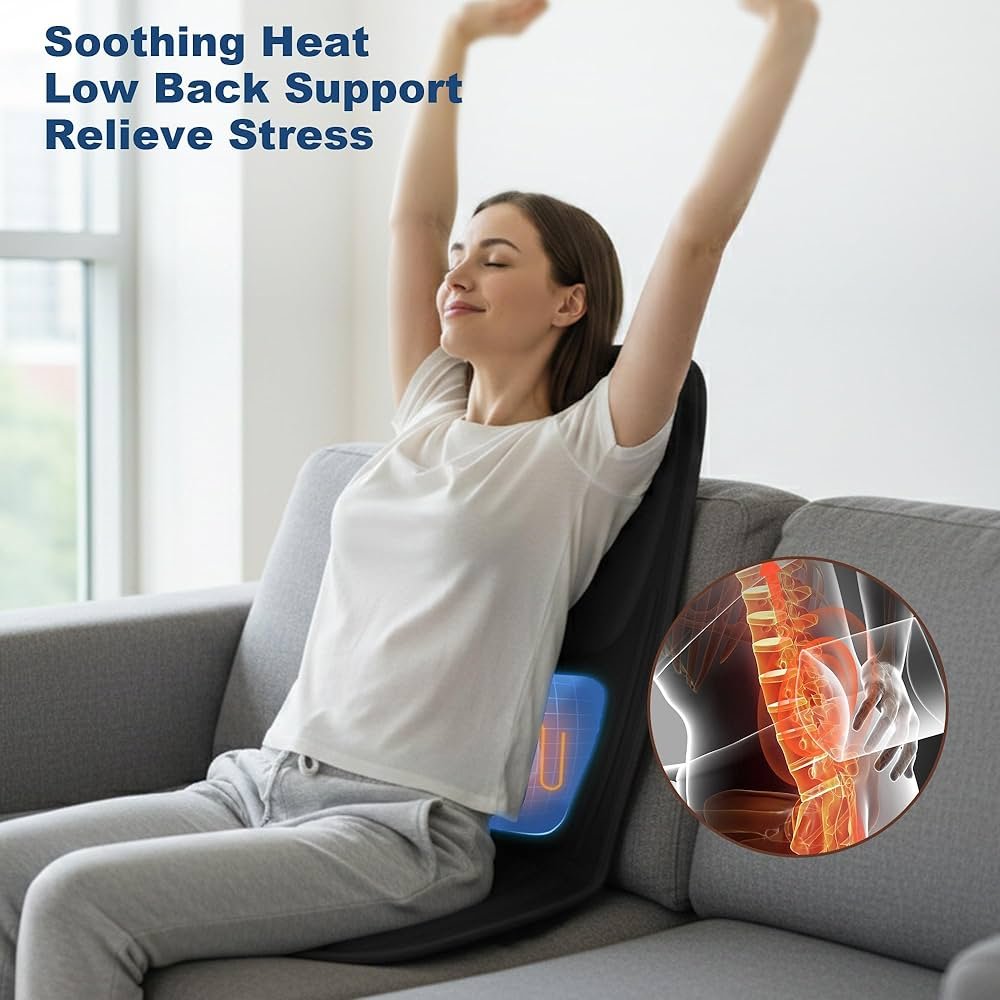person using heating pad safely on lower back while relaxing at home