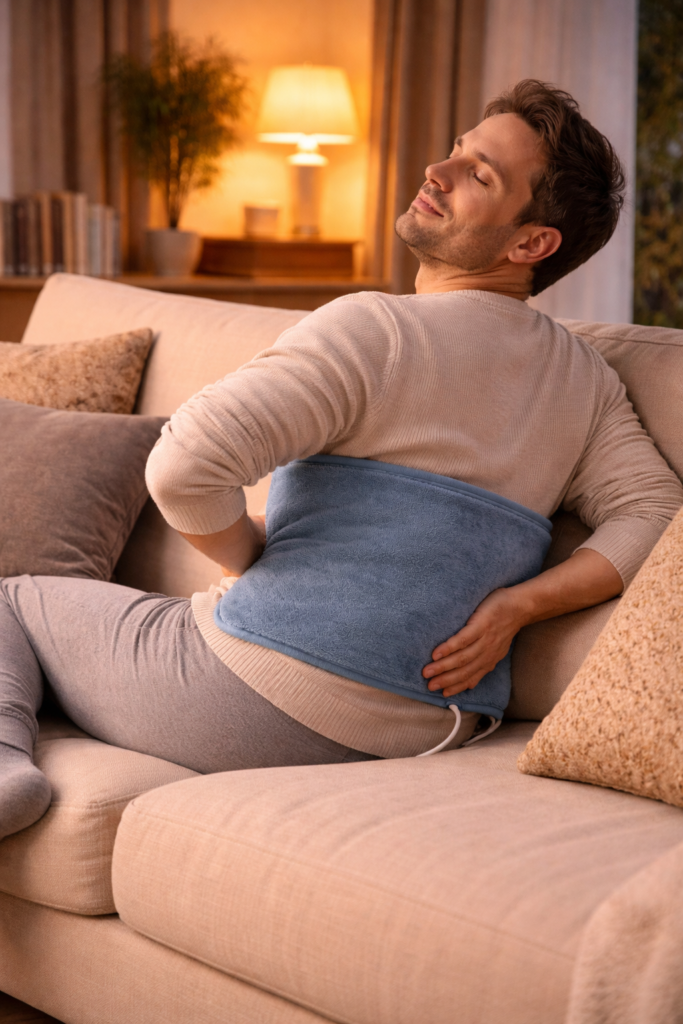 person relaxing on sofa using heating pad on lower back at night