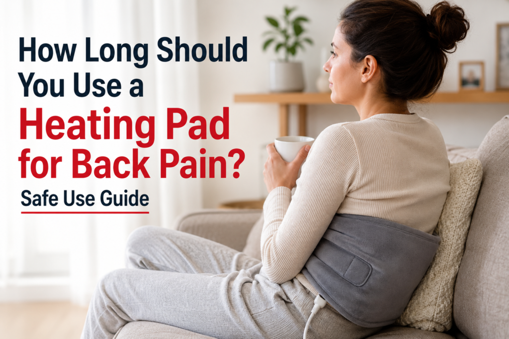 Person safely using a heating pad for temporary lower back discomfort at home.
