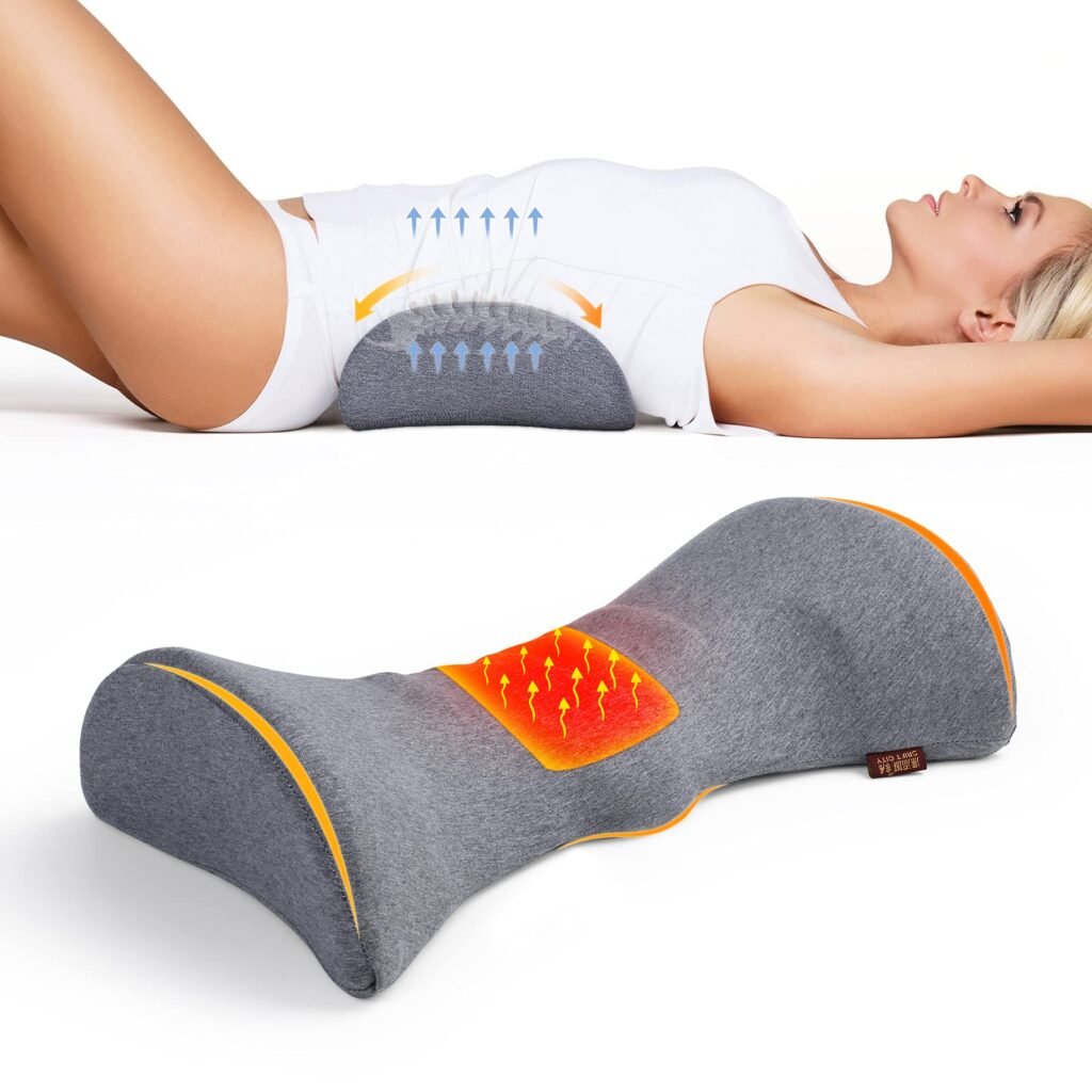 person lying comfortably in bed with a heating pad placed on the lower back for pain relief