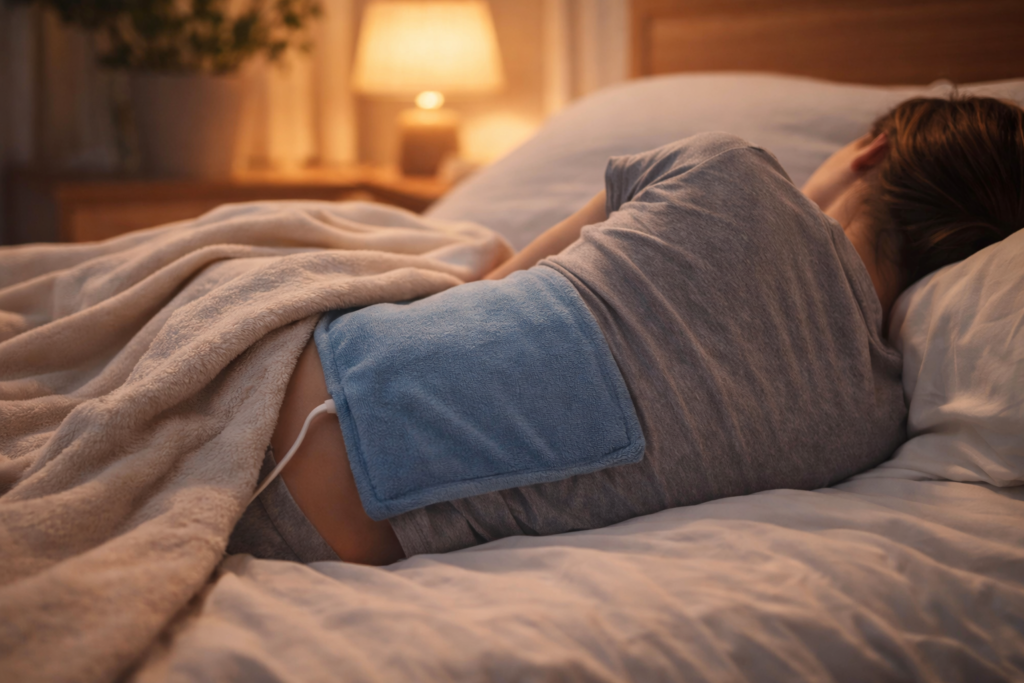 realistic person lying in bed with heating pad on lower back, cozy bedroom lighting, soft warm tones, relaxed environment, no text, no logos, high quality, natural lighting