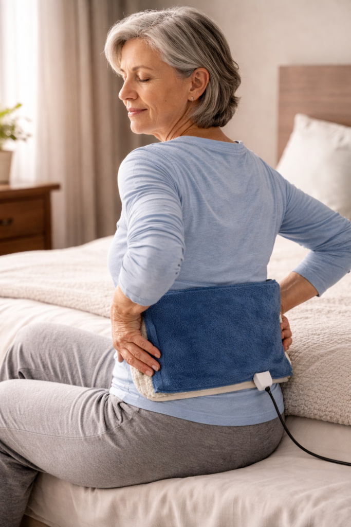 person using heating pad on lower back safely at home