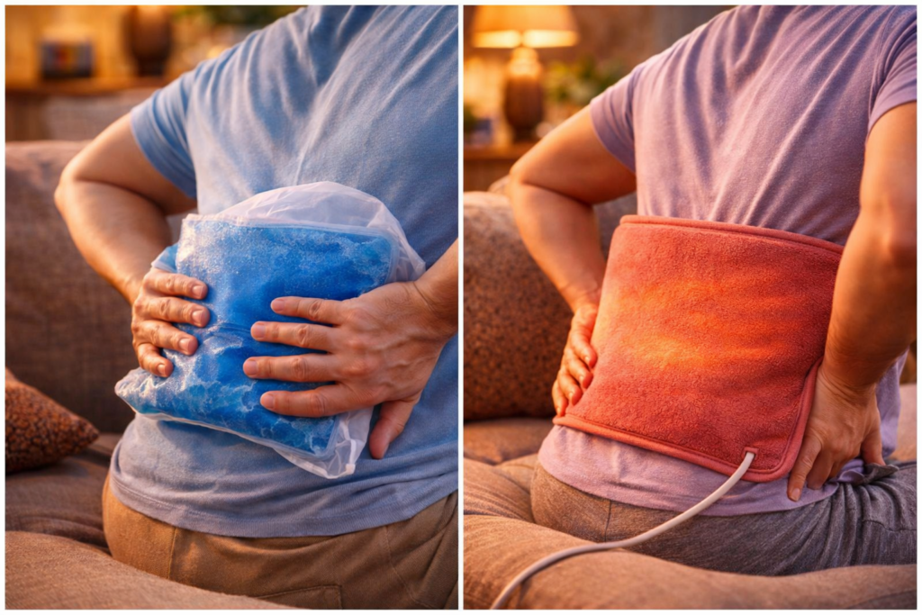 split image showing heat pad vs ice pack on lower back comparison