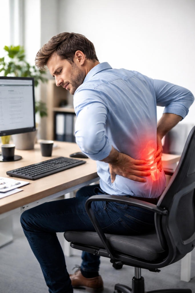 person sitting at desk with poor posture causing lower back pain