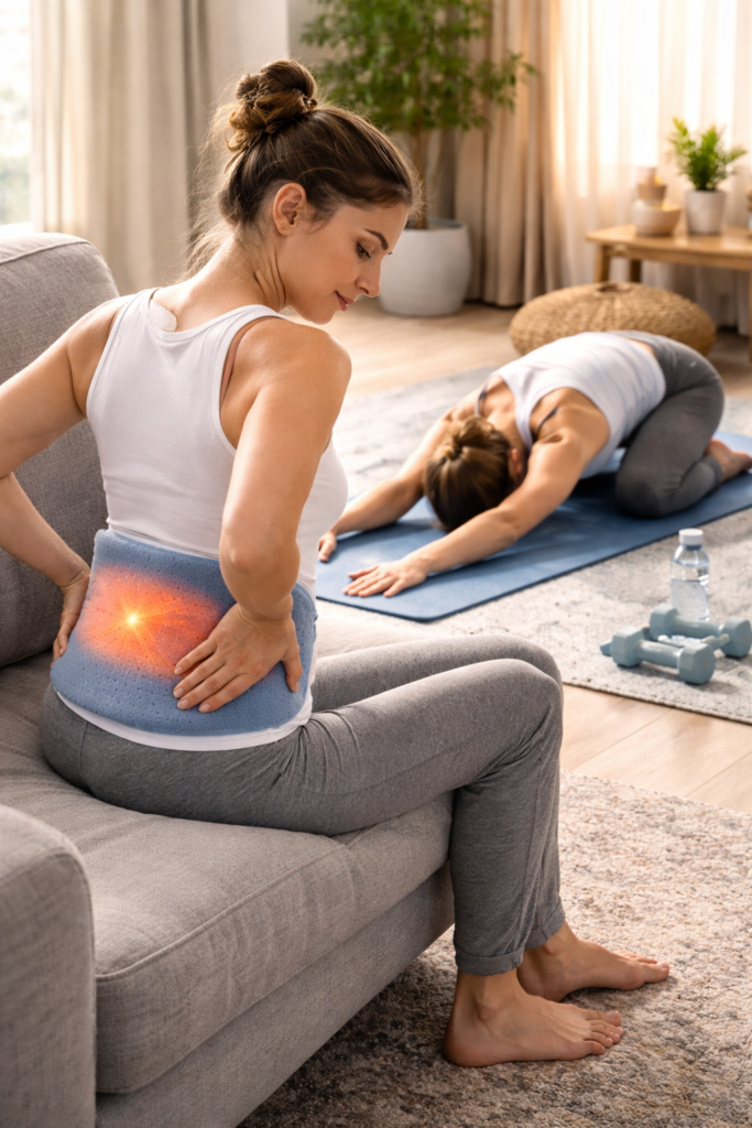 person relieving lower back pain at home with heat therapy and stretching