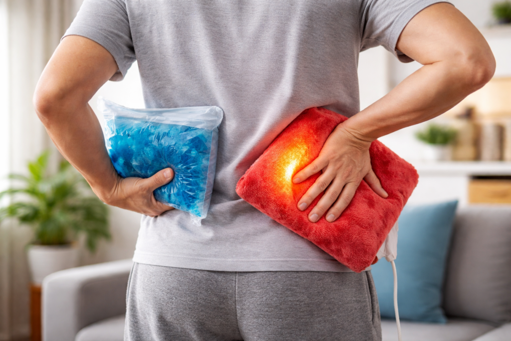 person holding lower back comparing heating pad and ice pack at home