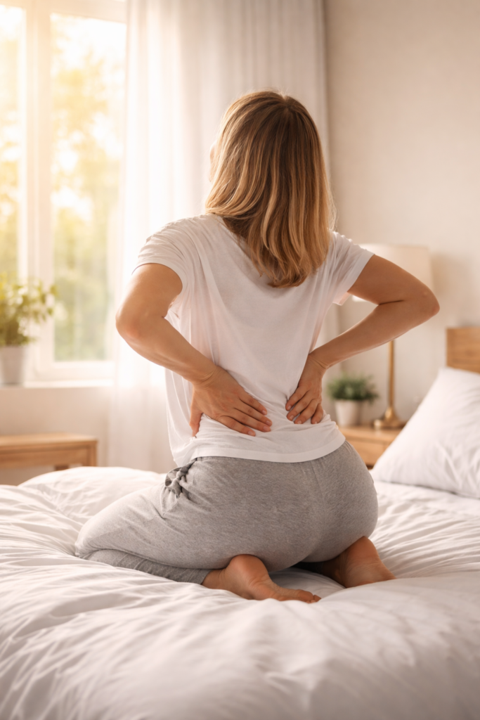 person stretching lower back in bedroom in the morning light