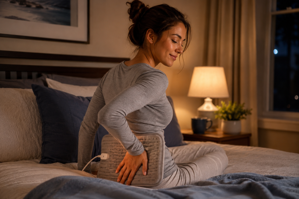 person using heating pad for lower back pain relief before bedtime